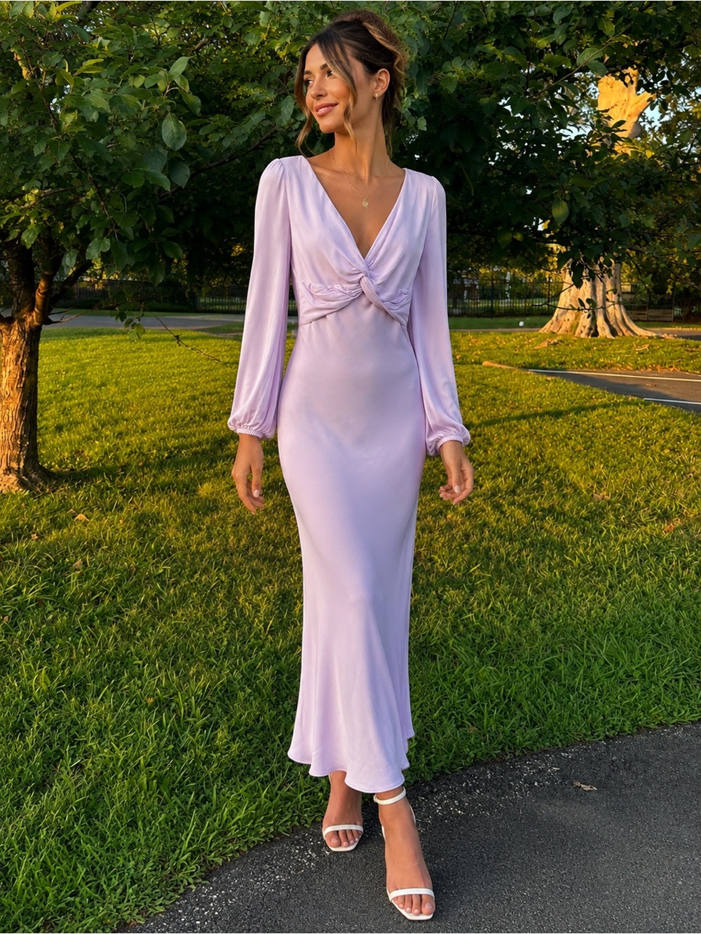 BHLDN Lilac Long-Sleeve Twist-Front Maxi Dress